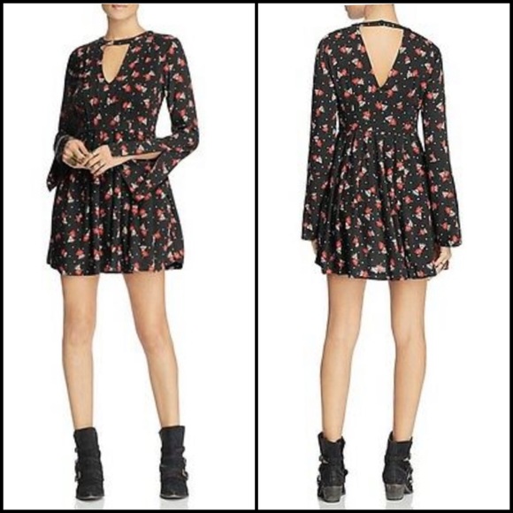 Free People Floral Keyhole Neck Bell Sleeve Pleated Mini Dress - Picture 6 of 8
